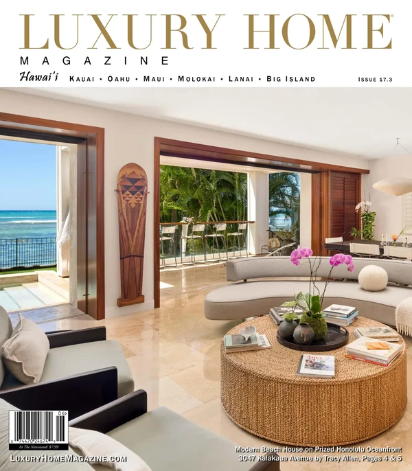 Luxury Home Magazine Hawaiʻi cover featuring a bright oceanfront living room.