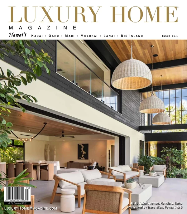 Luxury Home Magazine Hawaiʻi Issue 21.1 cover featuring the interior of 4543 Aukai Avenue.