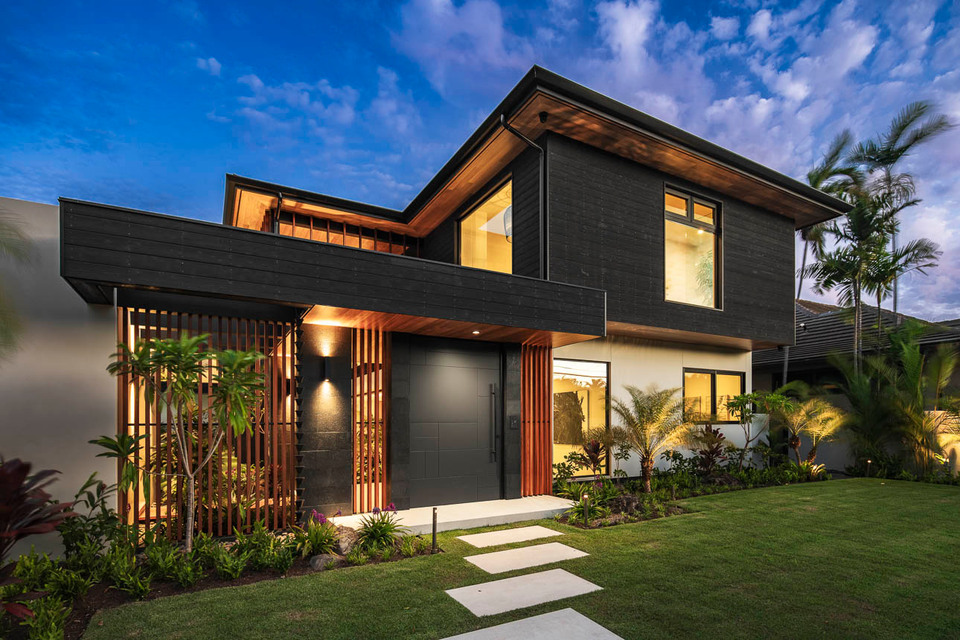 Contemporary residence photographed at twilight.